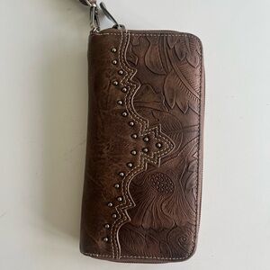 Justin Boots Brown Tooled Leather Wristlet Clutch